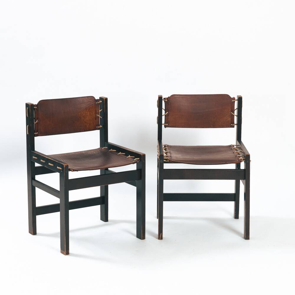 Vintage Brutalist Hide Leather and Wood with Rope Dining Chairs, Set of 2