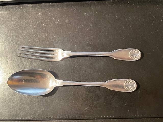 Christofle solid silver christening cutlery, Vendôme shell pattern