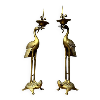 Asia 19th century: monumental pair of Meiji period (1868-1912) candlesticks in gilded bronze H68cm
