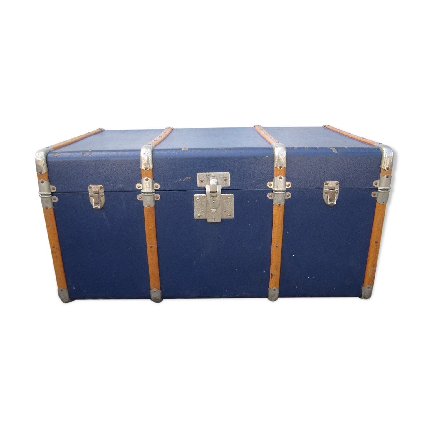 Old blue travel trunk handle leather