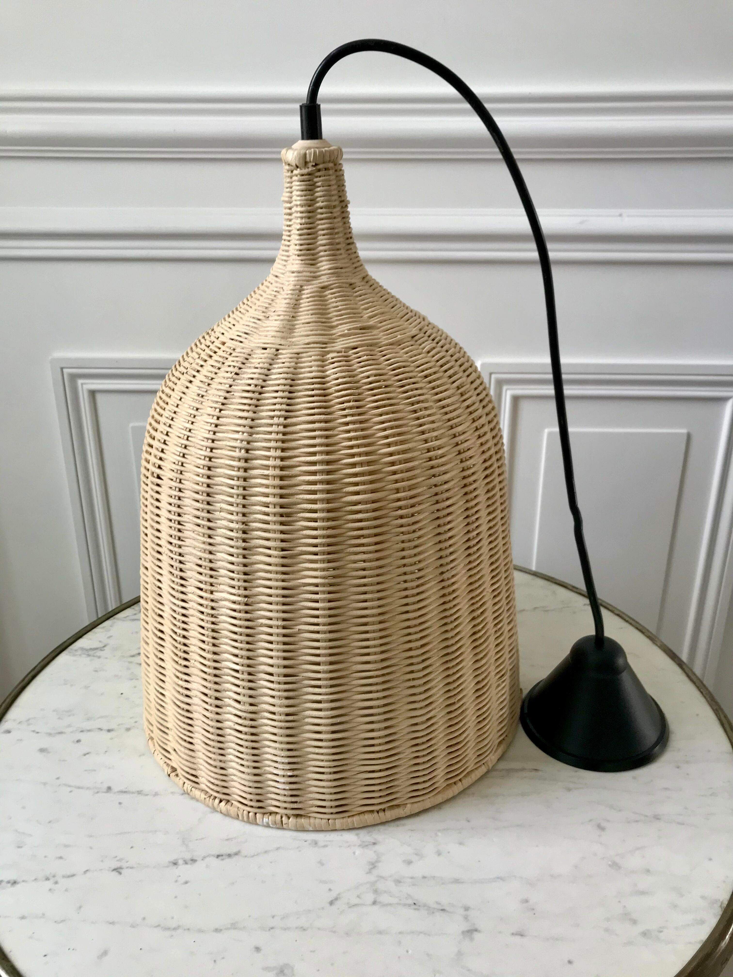 Vintage brushed rattan pendant lamp 80s