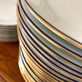 table service art deco limoges porcelain white border blue and gold 61 pieces signed