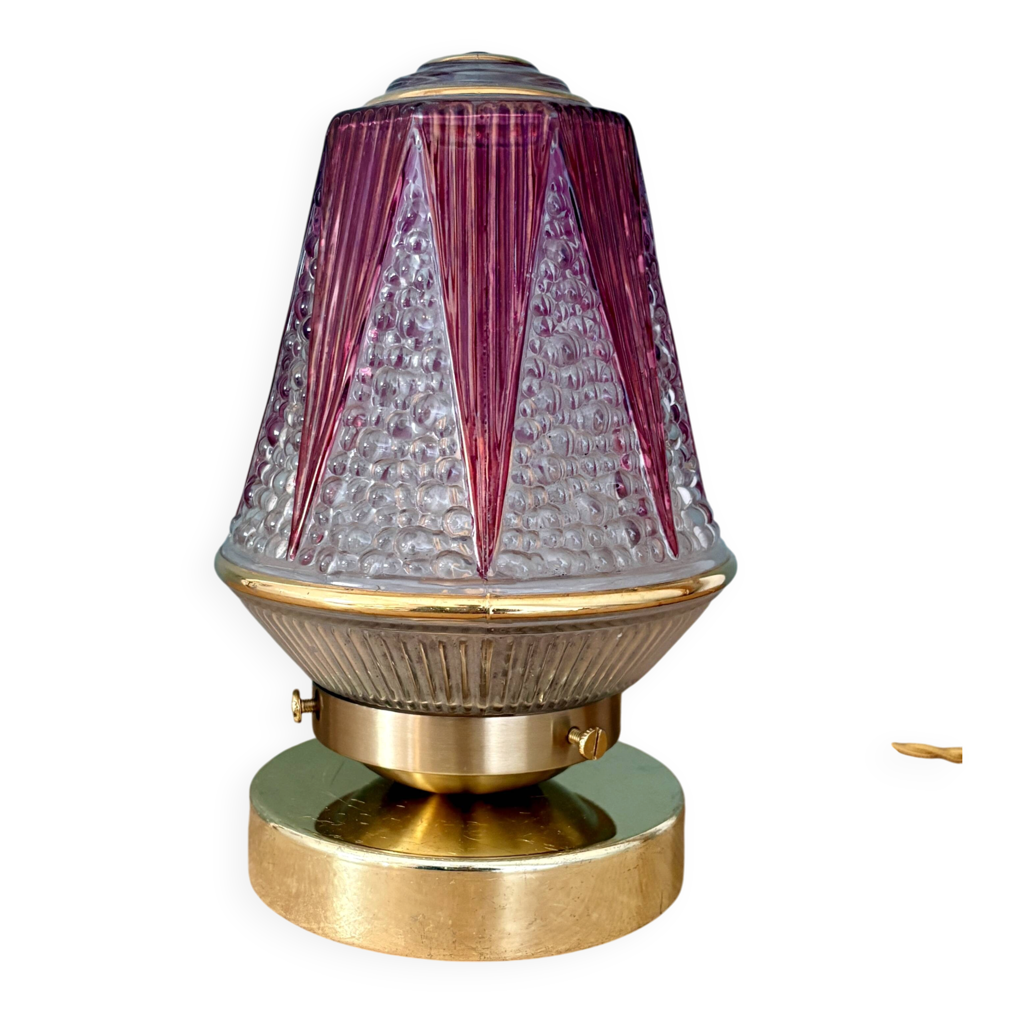 Vintage Art Deco globe table lamp in transparent and purple glass.