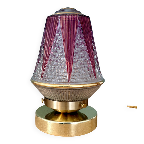 Lampe à poser globe vintage art déco en verre transparent et violet