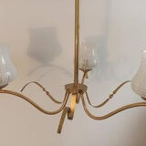 Vintage gold 3-light chandelier and white printed glass