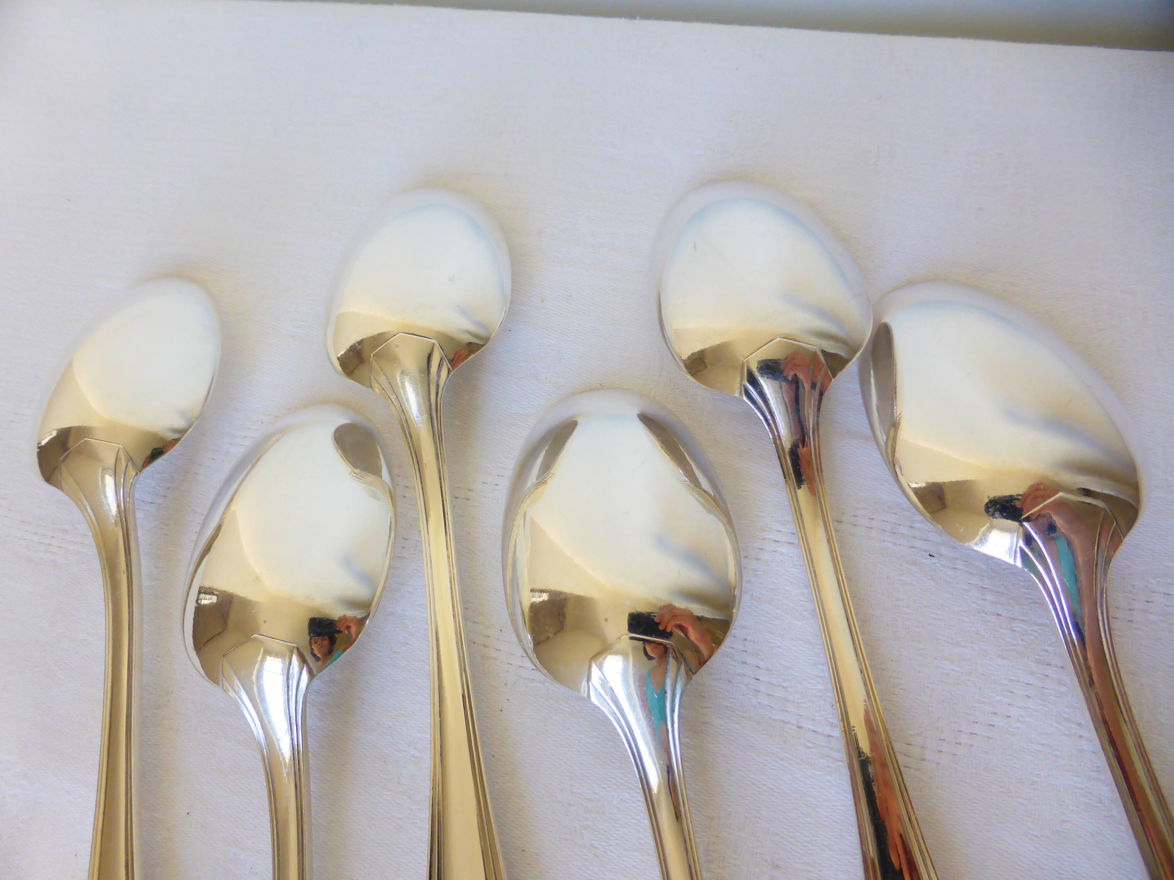 6 Christofle Art Deco Style Silver Plated Soup Spoons 2106255