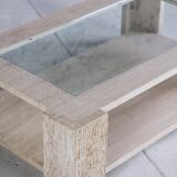 Coffee table in travertine and glass by Claude Berraldacci