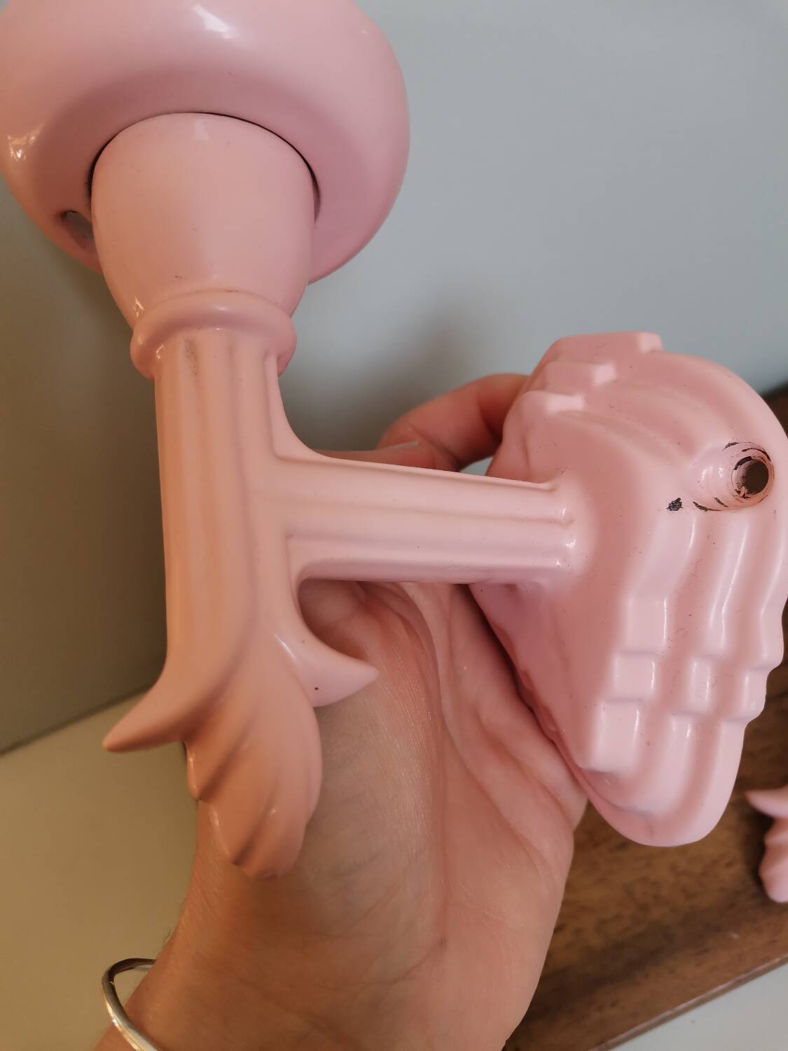 Set of 2 vintage pastel pink enamelled cast iron wall lamps