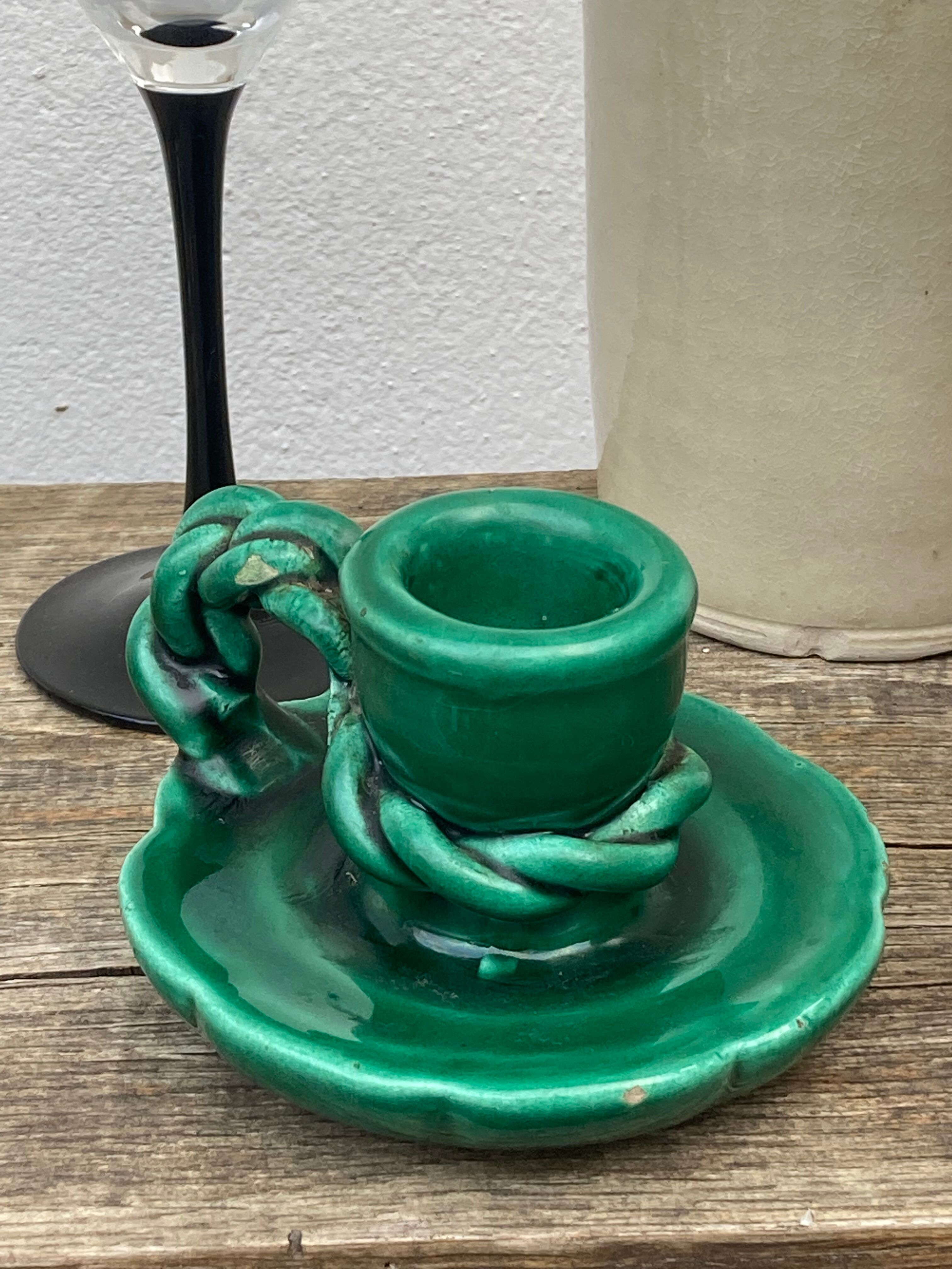 Vallauris candle holder in vintage green ceramic 1970