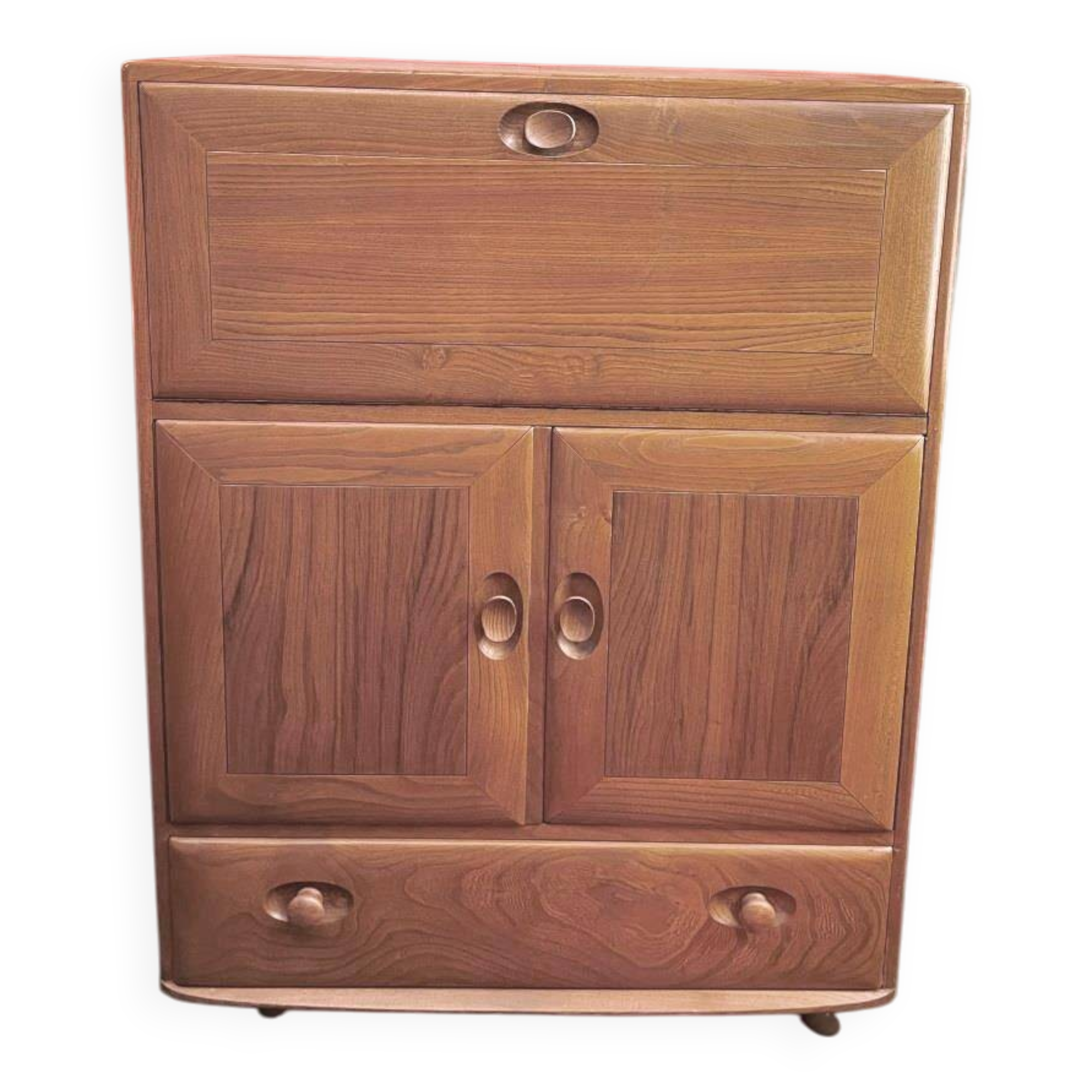 Ercol English wooden secretary, on wheels – 1970s.