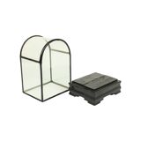 Small ancient chinese bell jar display curved glass black wooden base 21cm