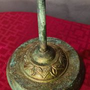brass lamp with pretty antique patina and opaque green tulip, 58x25