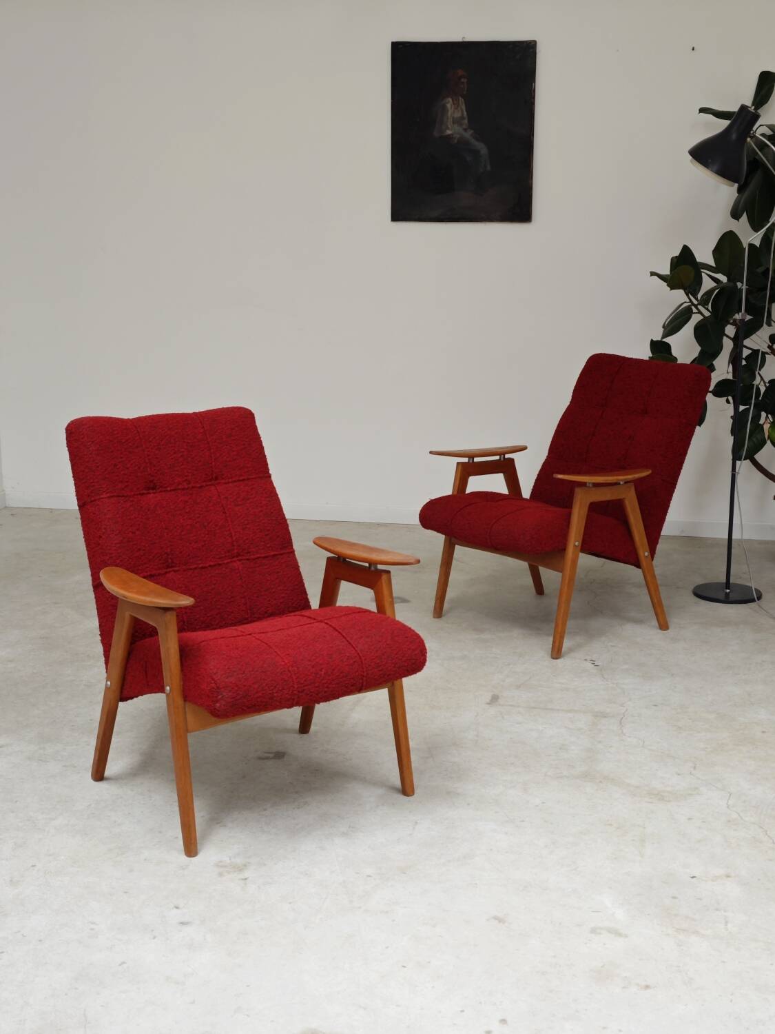 Pair of red armchairs by Jaroslav Smidek for Ton (Thonet) 60s