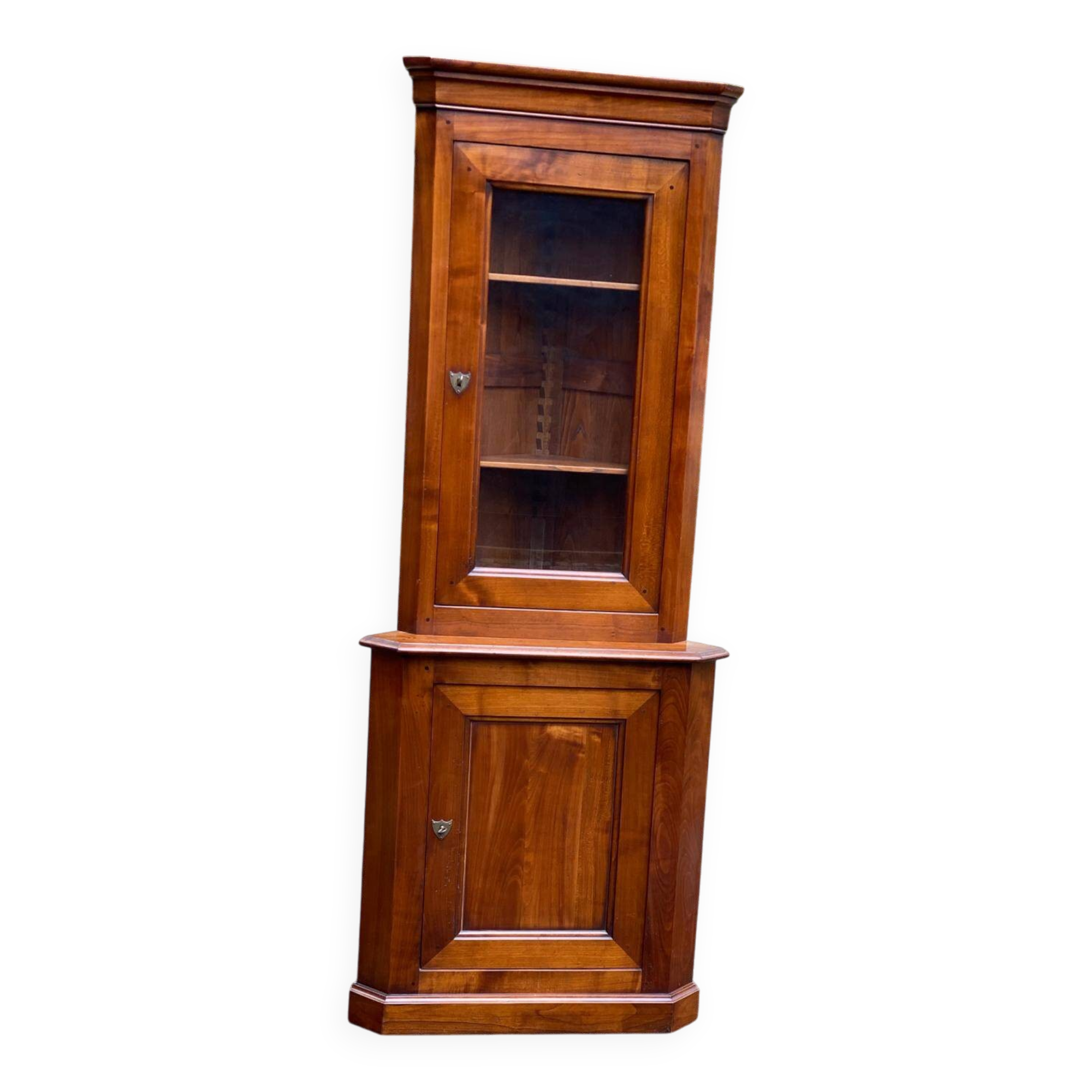Vitrine d'angle 2 corps encoignure Louis Philippe en bois massif du 19ème
