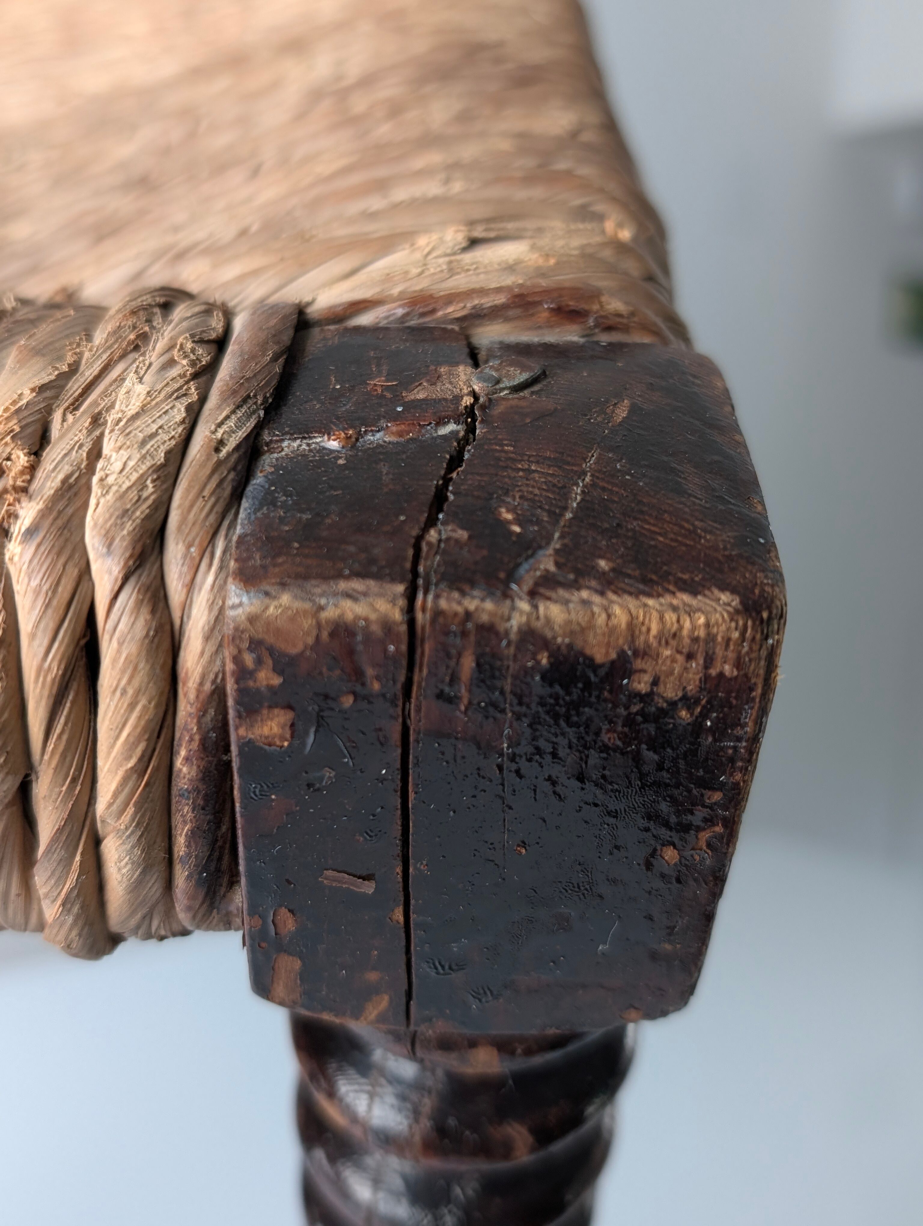 Traditional Spanish rush bench with turned legs, 1940s