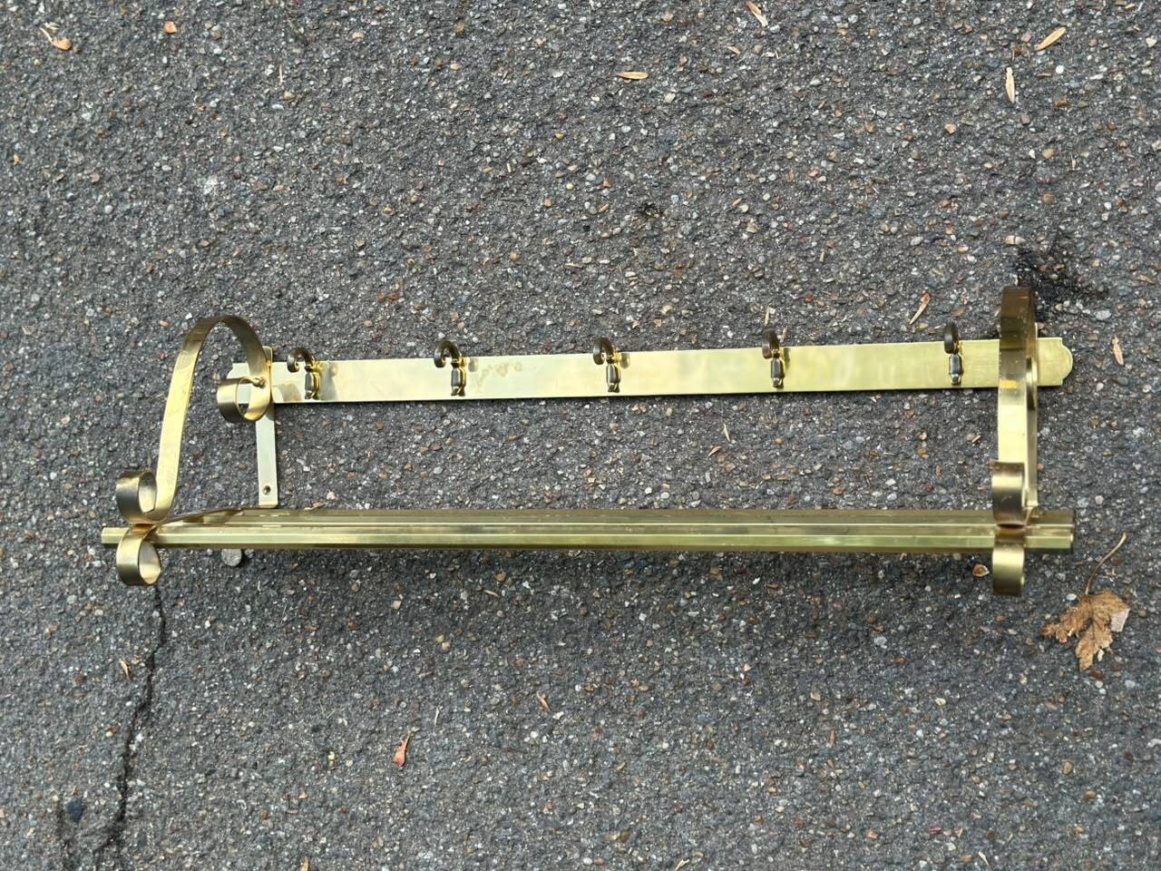 Hollywood Regency wall coat rack, gold brass, hat shelf, 1960s.