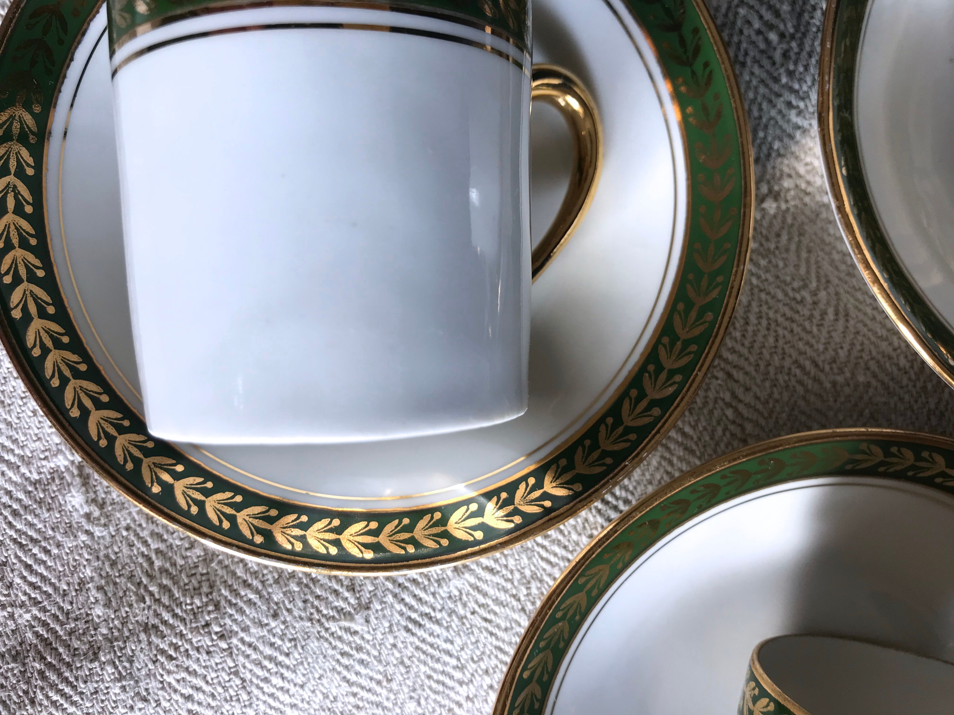 Vintage mocha set 5 coffee cups Napoleon porcelain white frieze green gold by hand