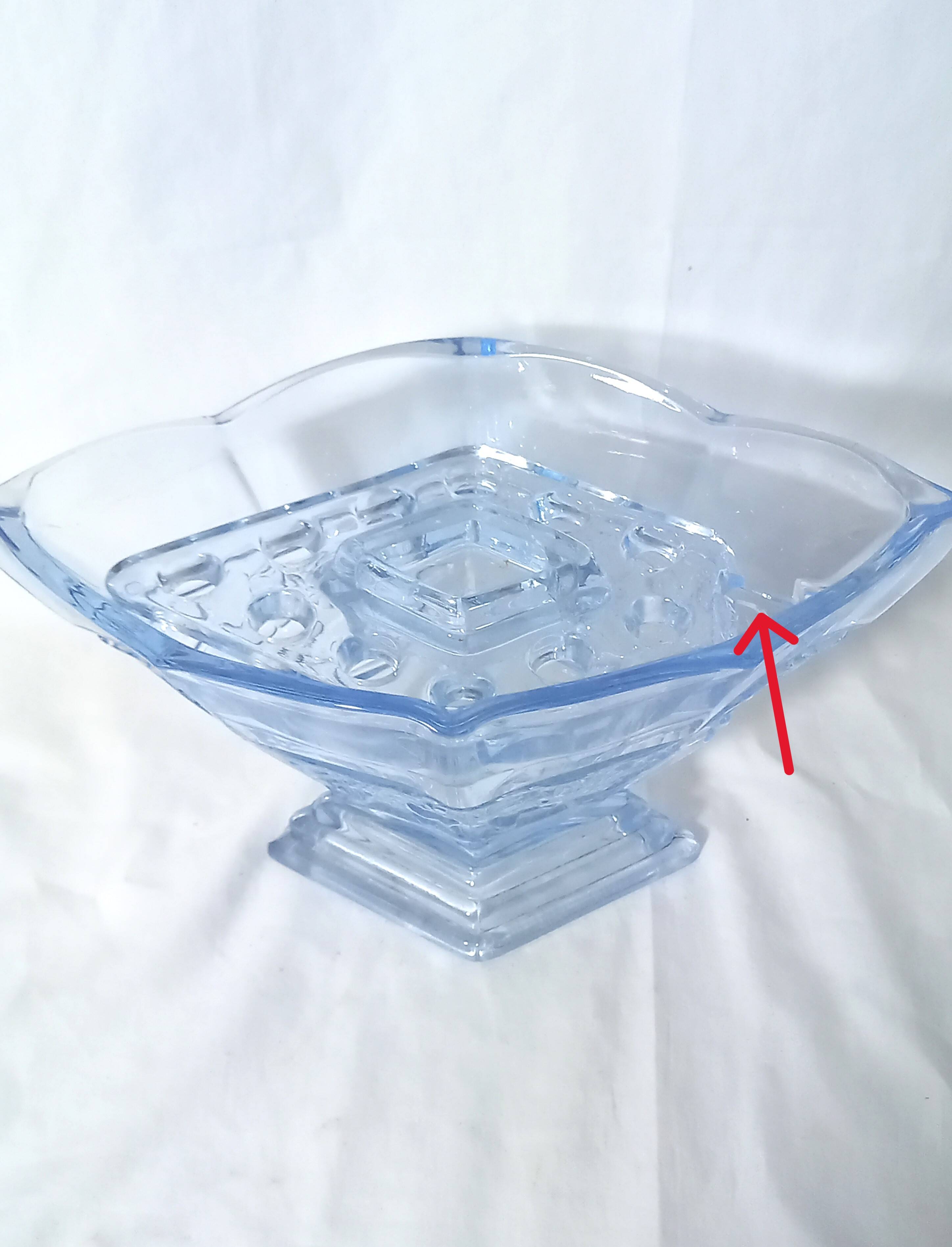 Art deco diamond-shaped vase in light blue color pressed molded glass