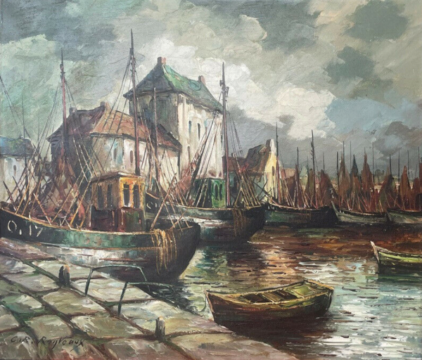 Marine, bateaux à quai, Vue sur Port, C.R. Ronveaux, XXème - huile sur toile