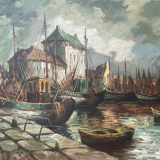 Marine, boats docked, View of Port, C.R. Ronveaux, XXth - oil on canvas