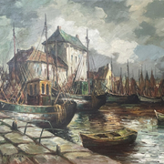 Marine, boats docked, View of Port, C.R. Ronveaux, XXth - oil on canvas