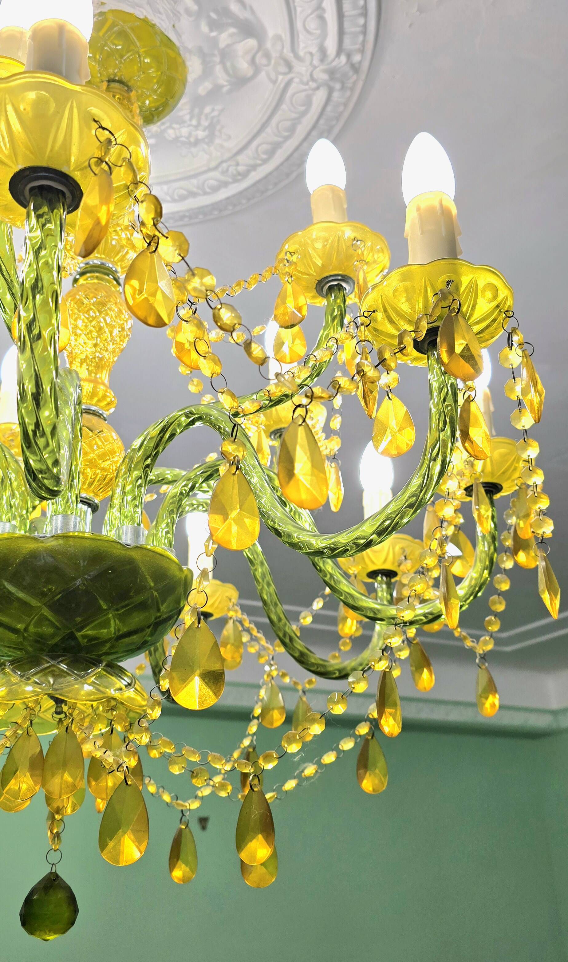 Large chandelier with glass and polypropylene pendants – 14 lights