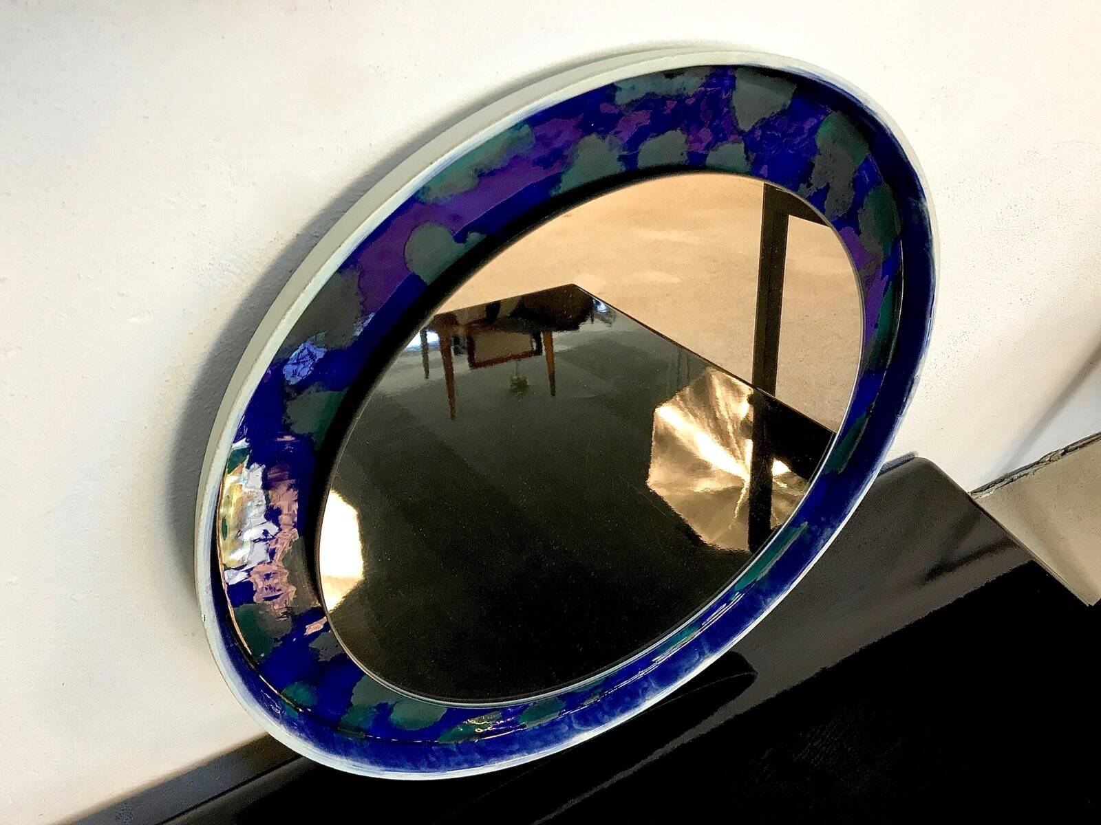 Hand-painted round ceramic art wall mirror, Germany 1960s