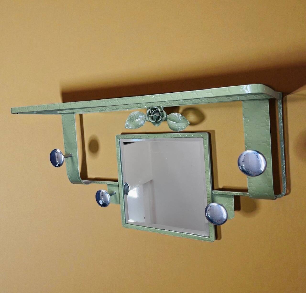 Vintage 1950s Mid Century Khaki Mirror Coat Rack