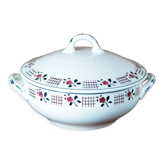 Large Nidervillers tureen from the 50s with a pattern of roses and blue and pink braces