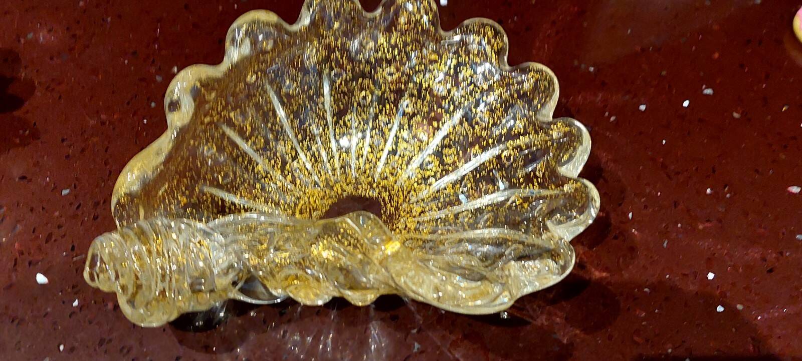 Murano glass bowl with gold flecks, 1960s shell design.