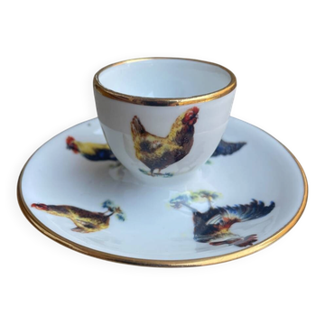 Coquetier en faïence de mehun decor poules et coqs oeufs a la coque