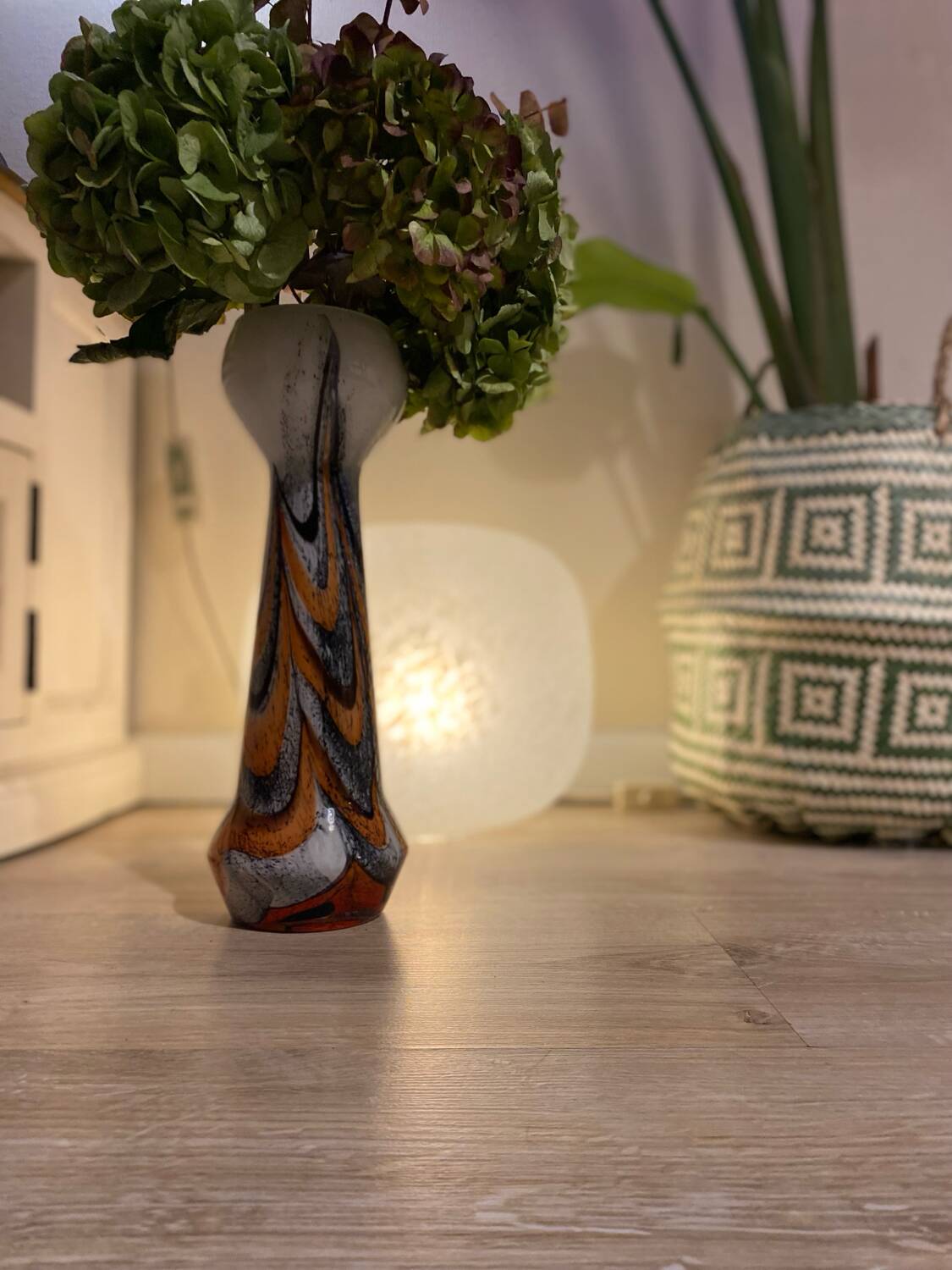 Vintage murano glass vase orange, white brown attributed to carlo moretti
