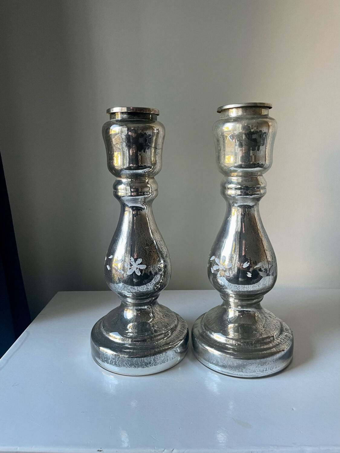 Pair of vintage mercury glass candleholders