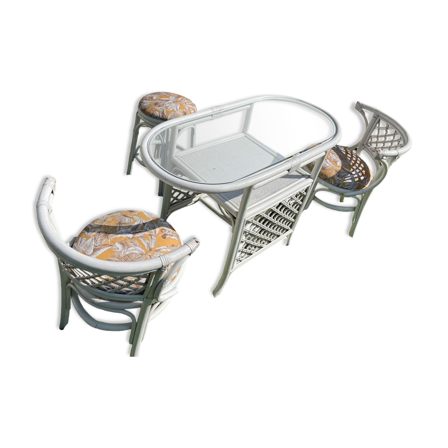 Vintage White Rattan/Bamboo Garden Furniture Set with 2 Chairs and a Stool