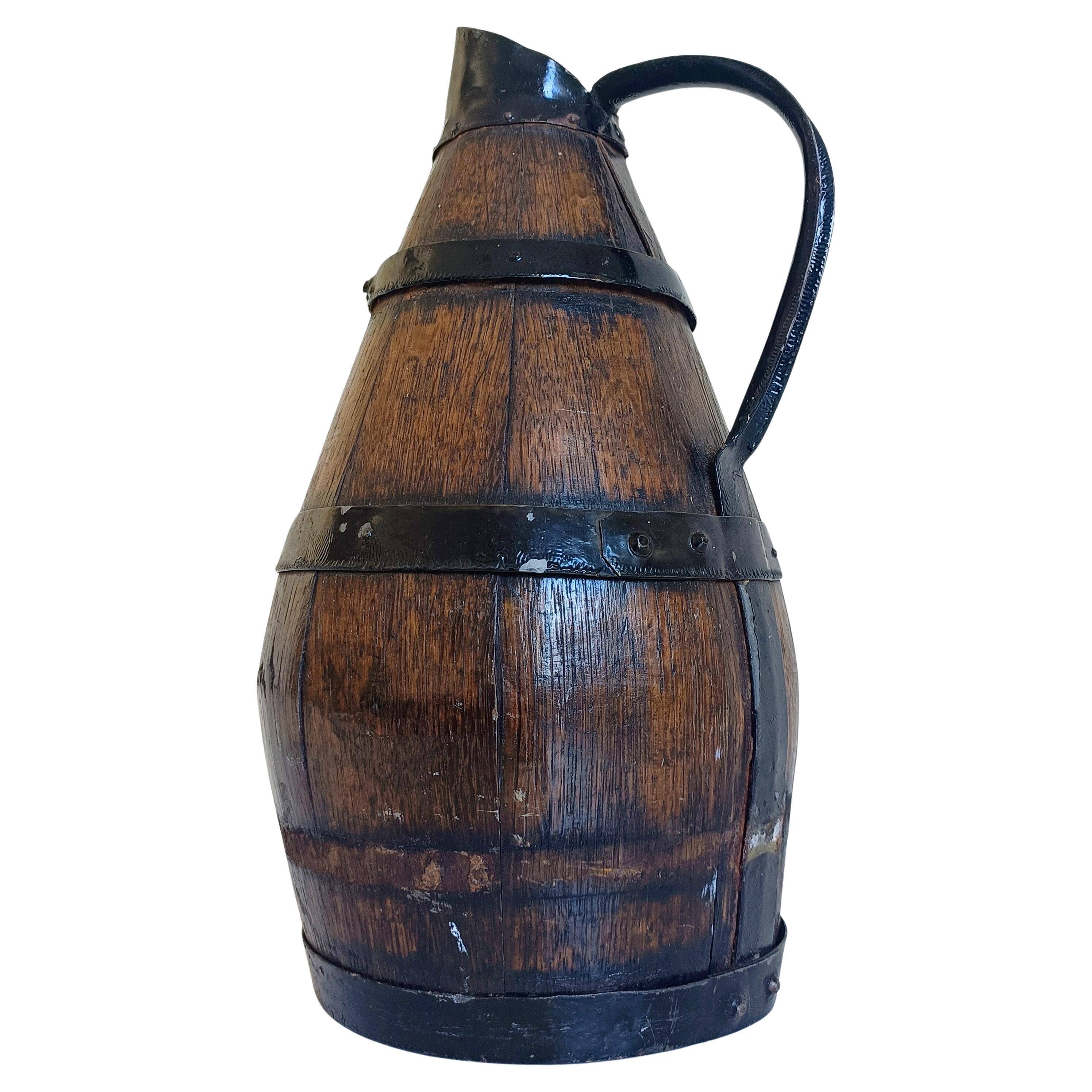 19th Century Rustic French Oak and Metal Hand-Crafted Pitcher