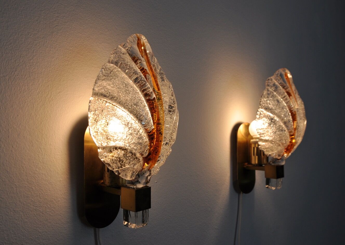 Pair of "leaf" wall lamps by Carl Fagerlund, Murano glass, Germany, 1970