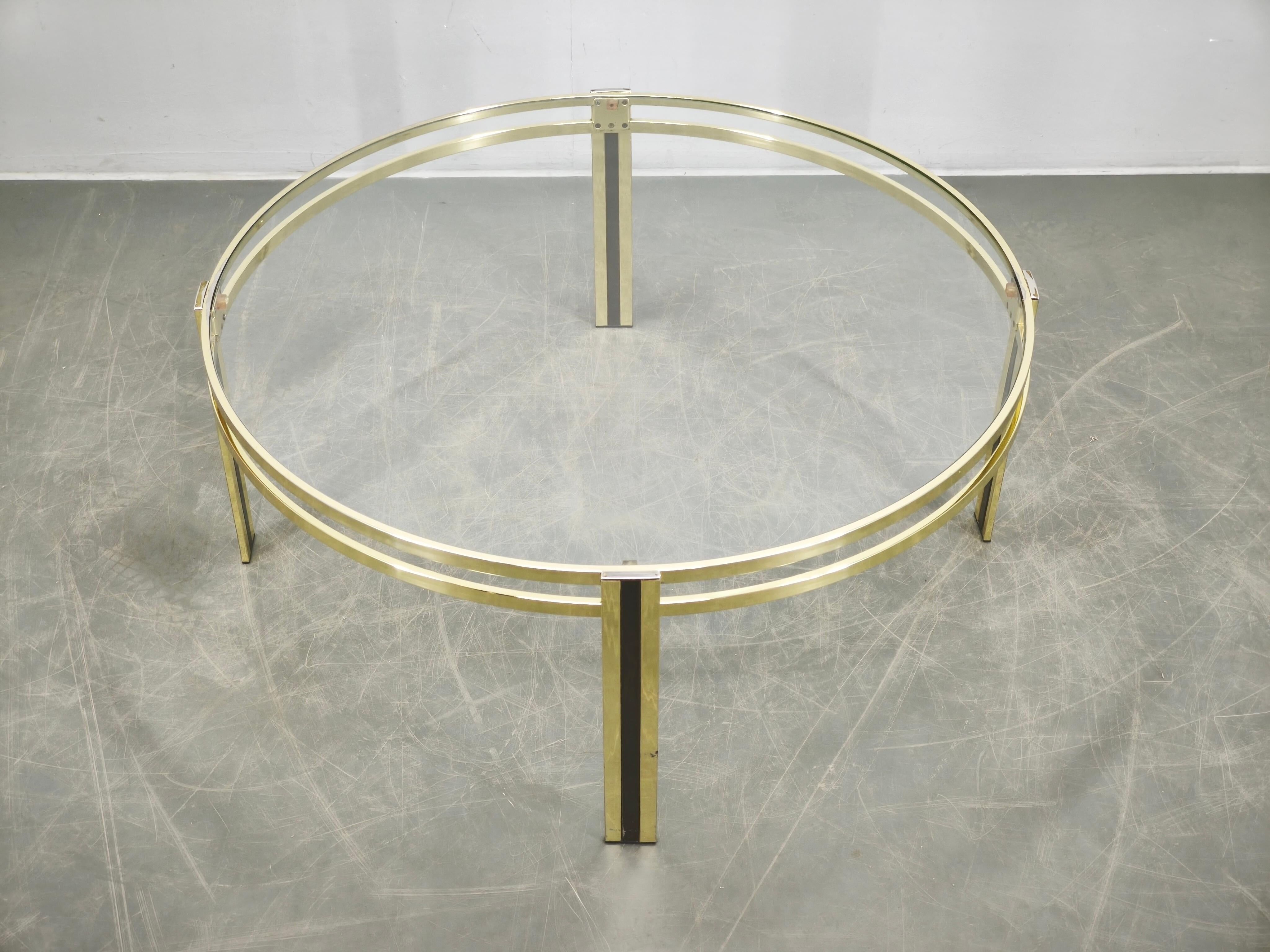 Italian Brass and Glass Round Coffee Table, 1970s