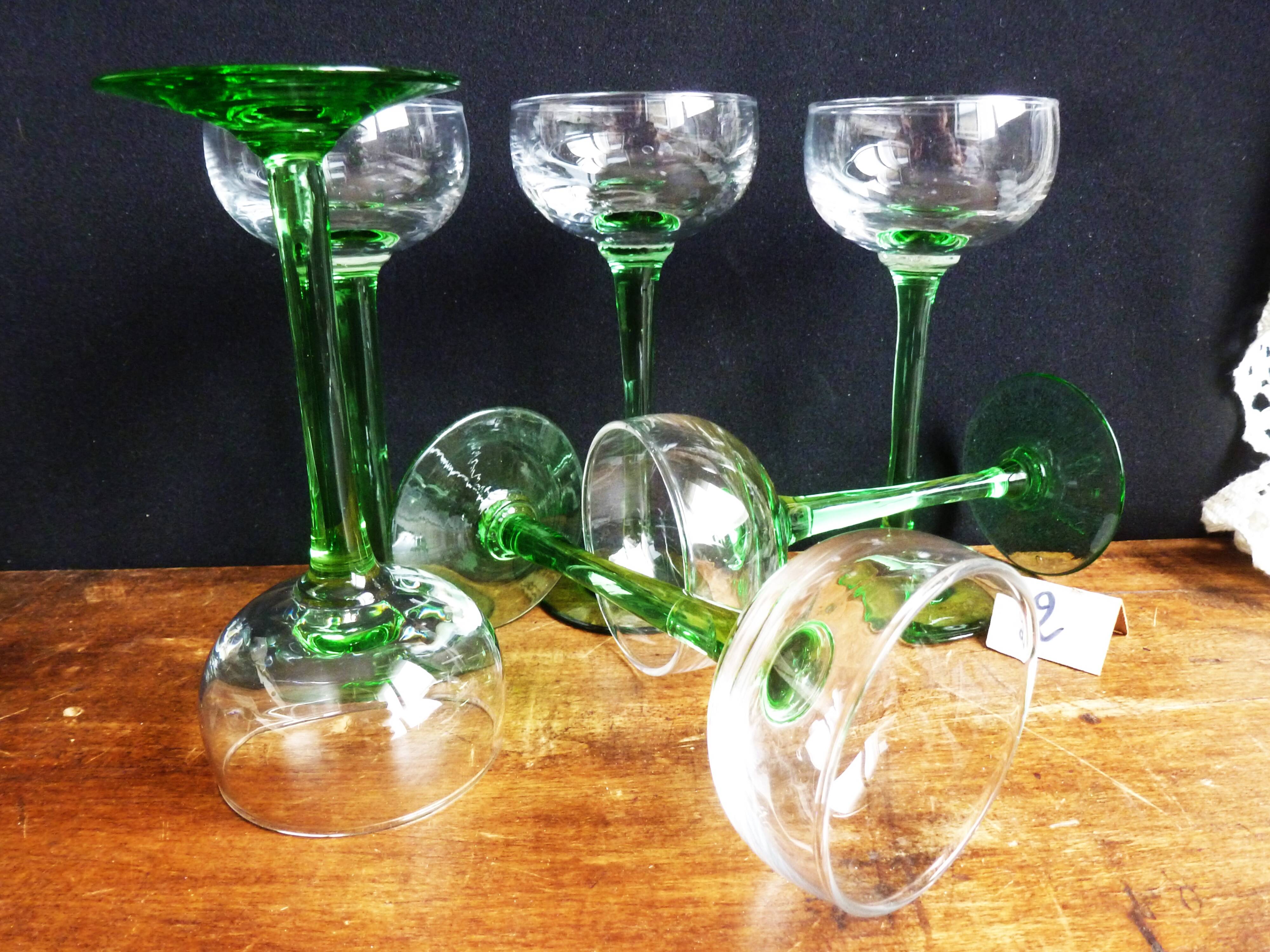 Alsace wine glasses, white wine glasses, green stemmed table glasses.