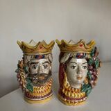 Pair of vases heads di Moro Caltagirone Italian design Sicily