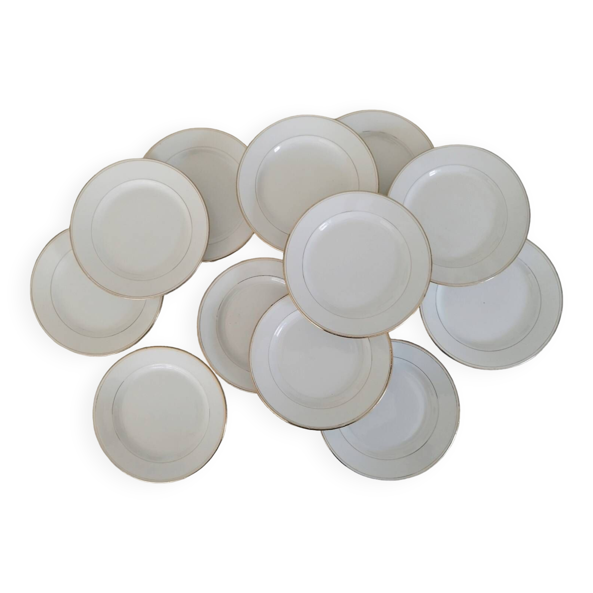 Old Earthenware Dinner Plates Hamage and Moulin des Loups White and Vintage Golden Fillet