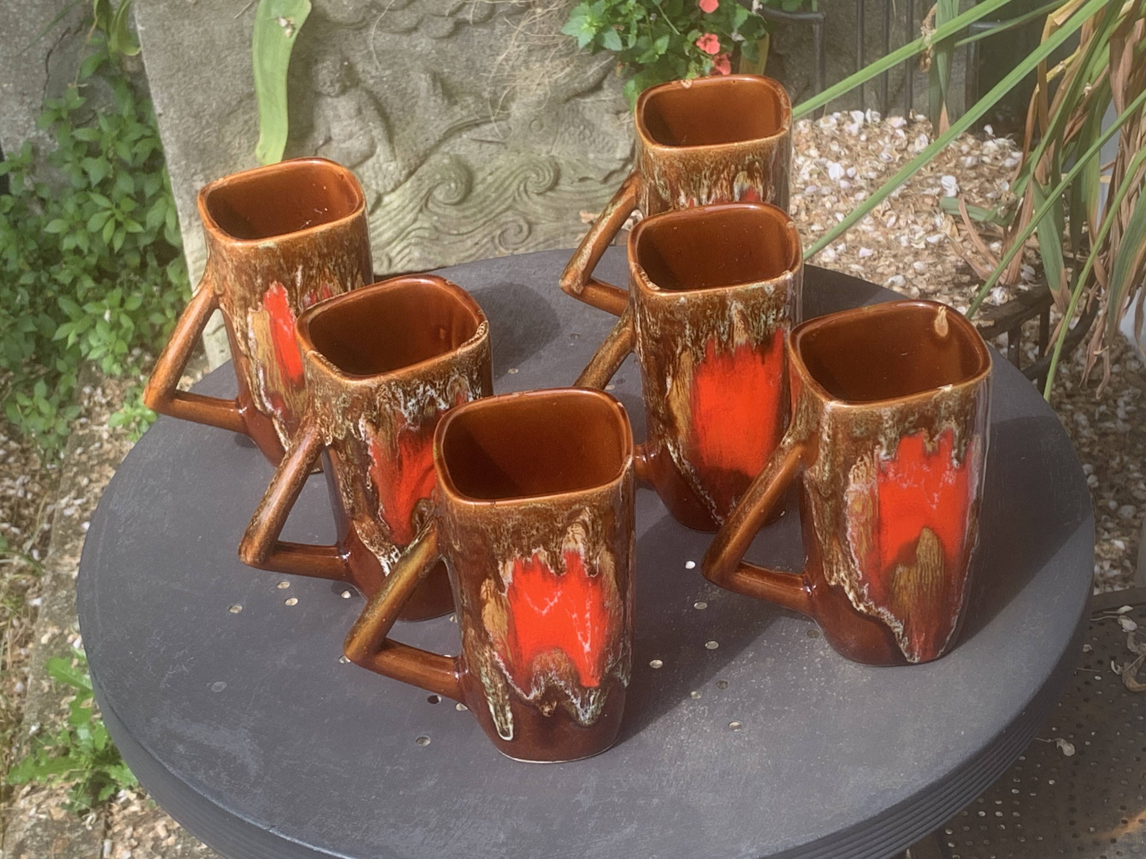 6 enamelled ceramic mugs, red and brown, Vallauris, vintage and designer