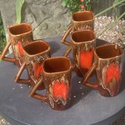 6 enamelled ceramic mugs, red and brown, Vallauris, vintage and designer