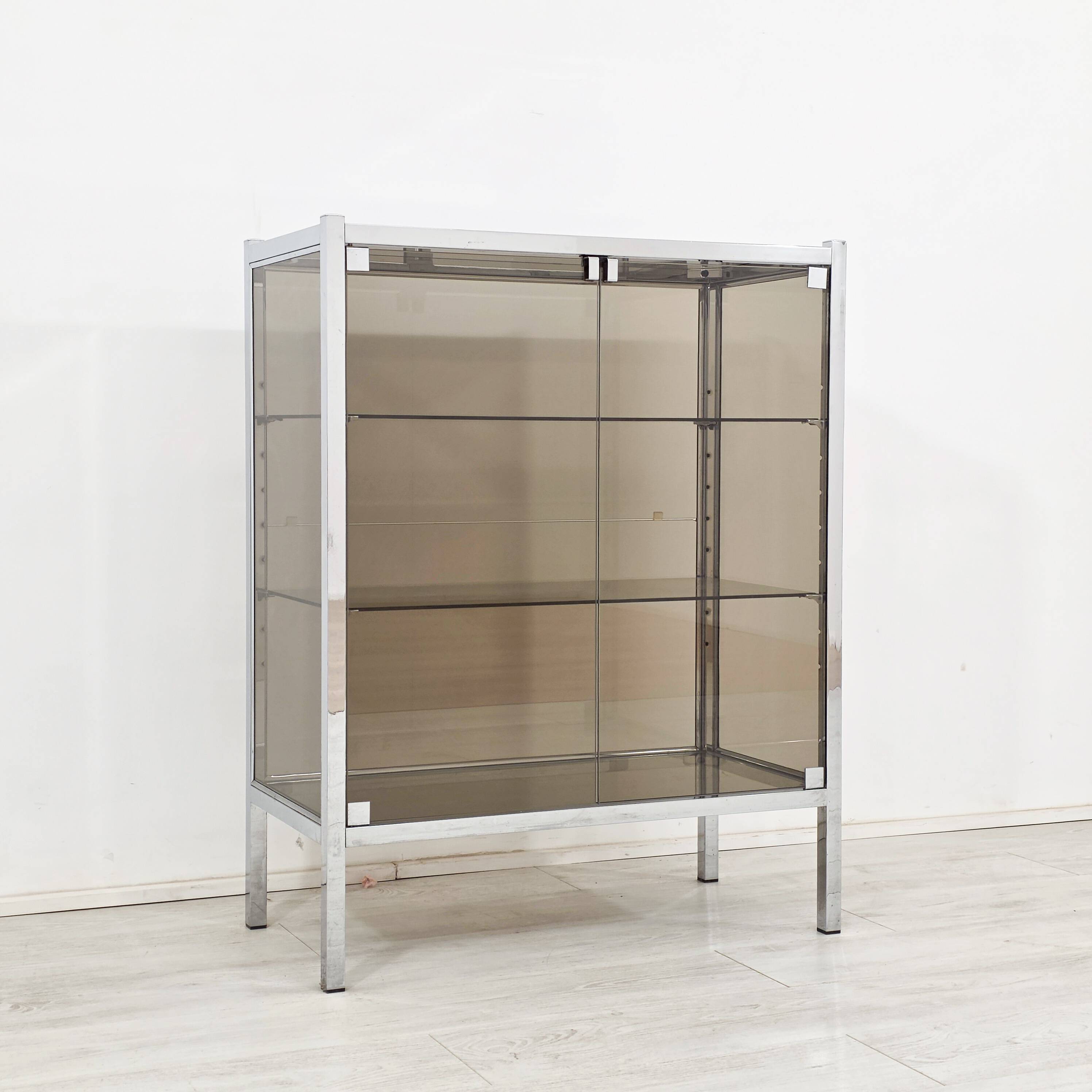Chrome metal display cabinet with smoked glass – modernist design, 1920s.