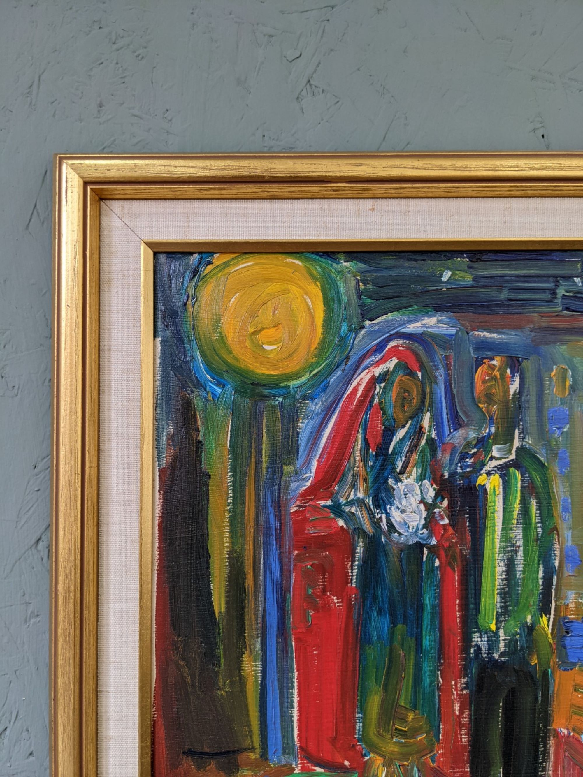 Mid-Century Modern Swedish "Just Married" Vintage Street Scene, Framed Oil Painting