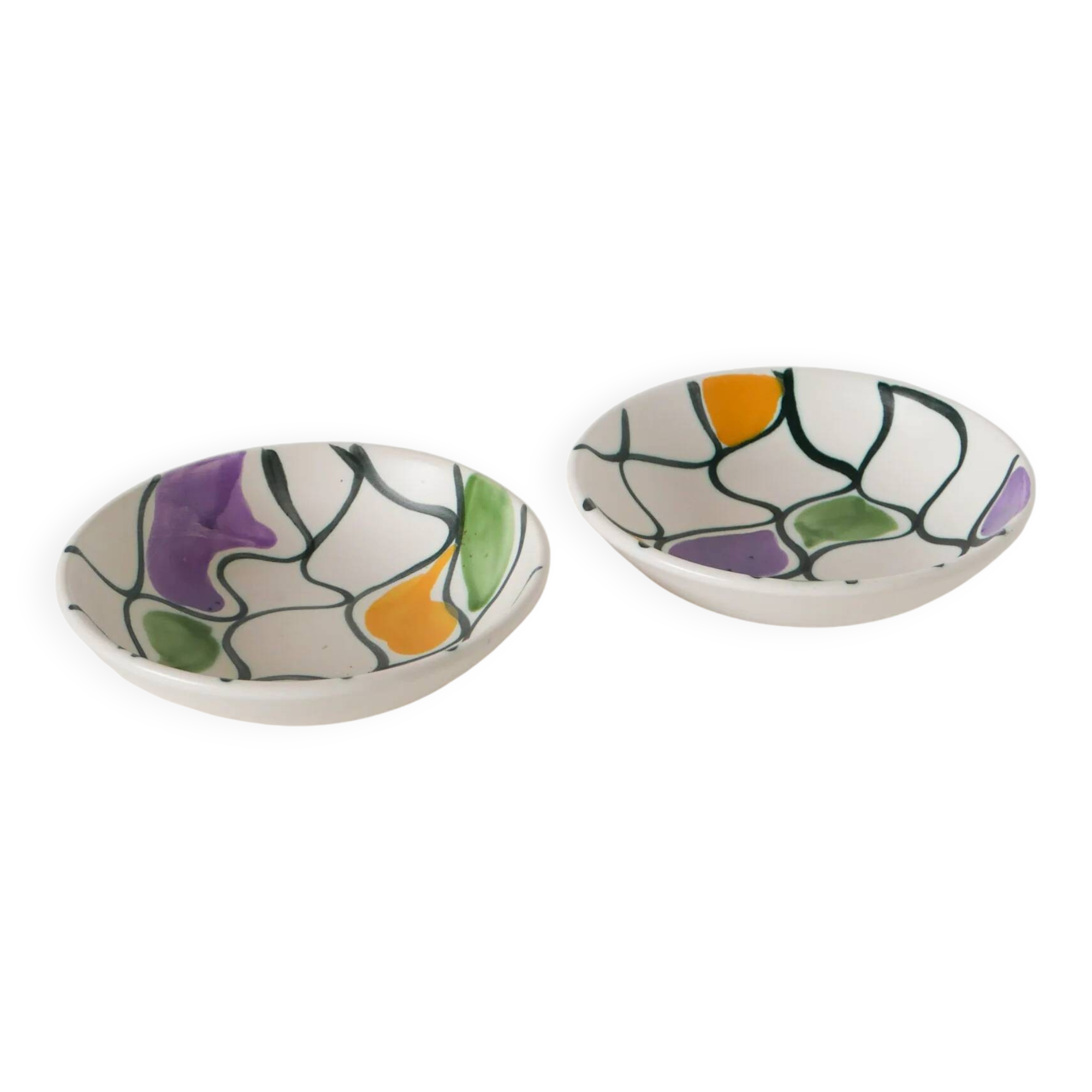 Pair of ceramic ramekins, abstract patterns in yellow, purple, and green, Pornic model, 1960.