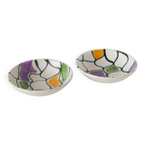 Pair of ceramic ramekins, abstract patterns in yellow, purple, and green, Pornic model, 1960.