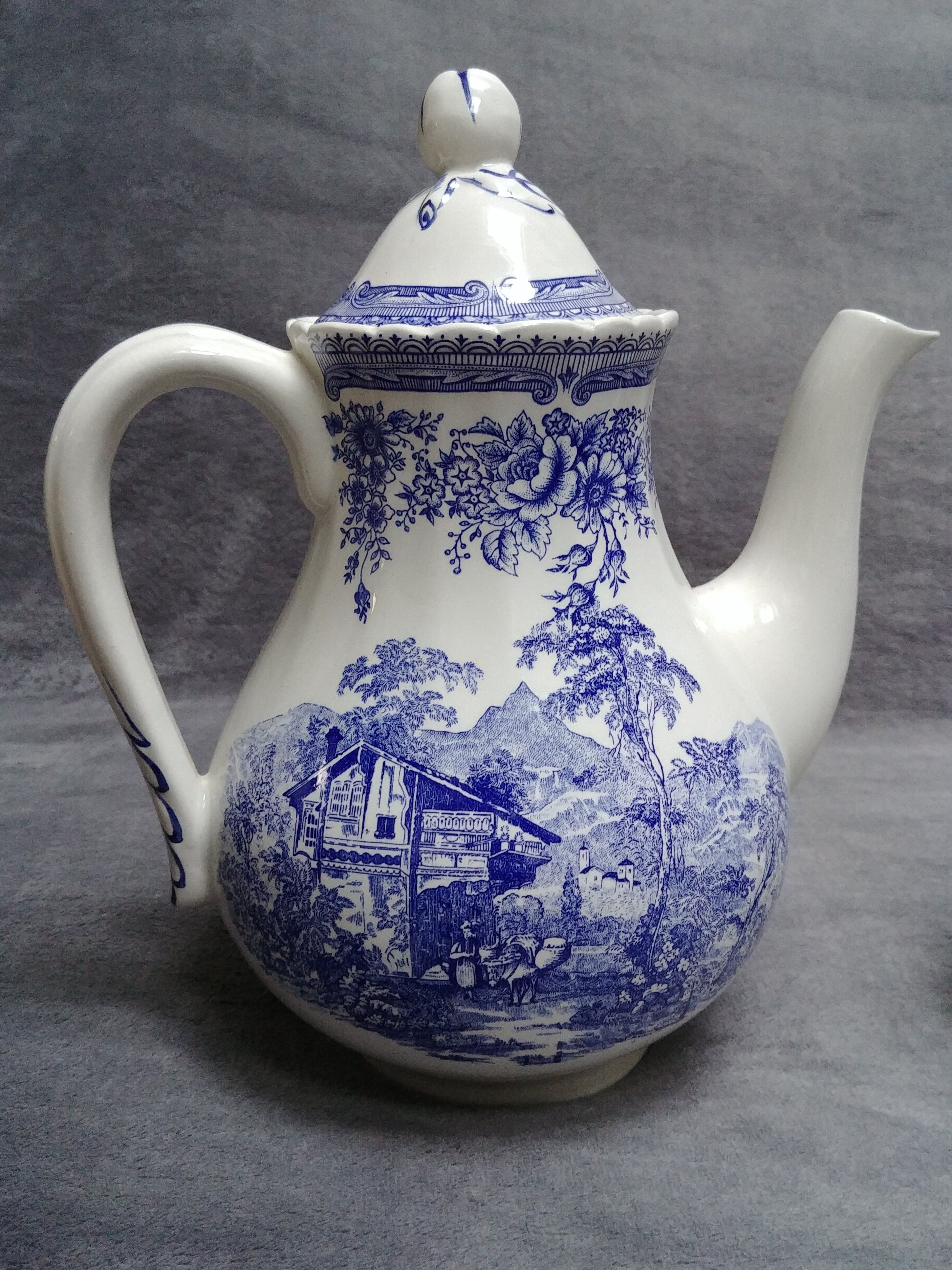 Pouring coffee maker and its milk pot in Luneville earthenware setting Excelsior - TB state - Vintage