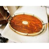 Large oval Edwardian-style tray in oak and brass.