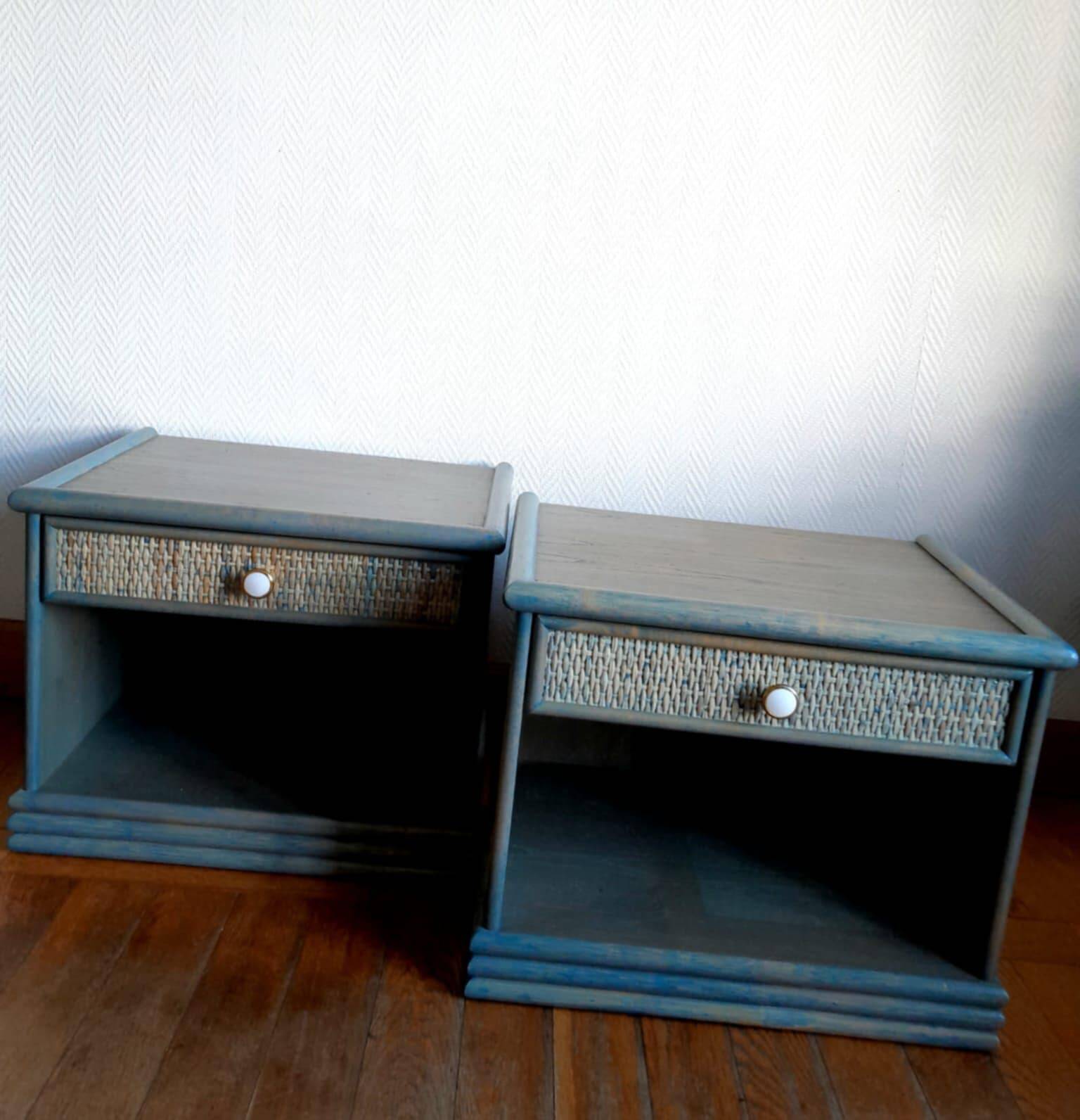 Pair of vintage Maugrion style rattan bedside tables.