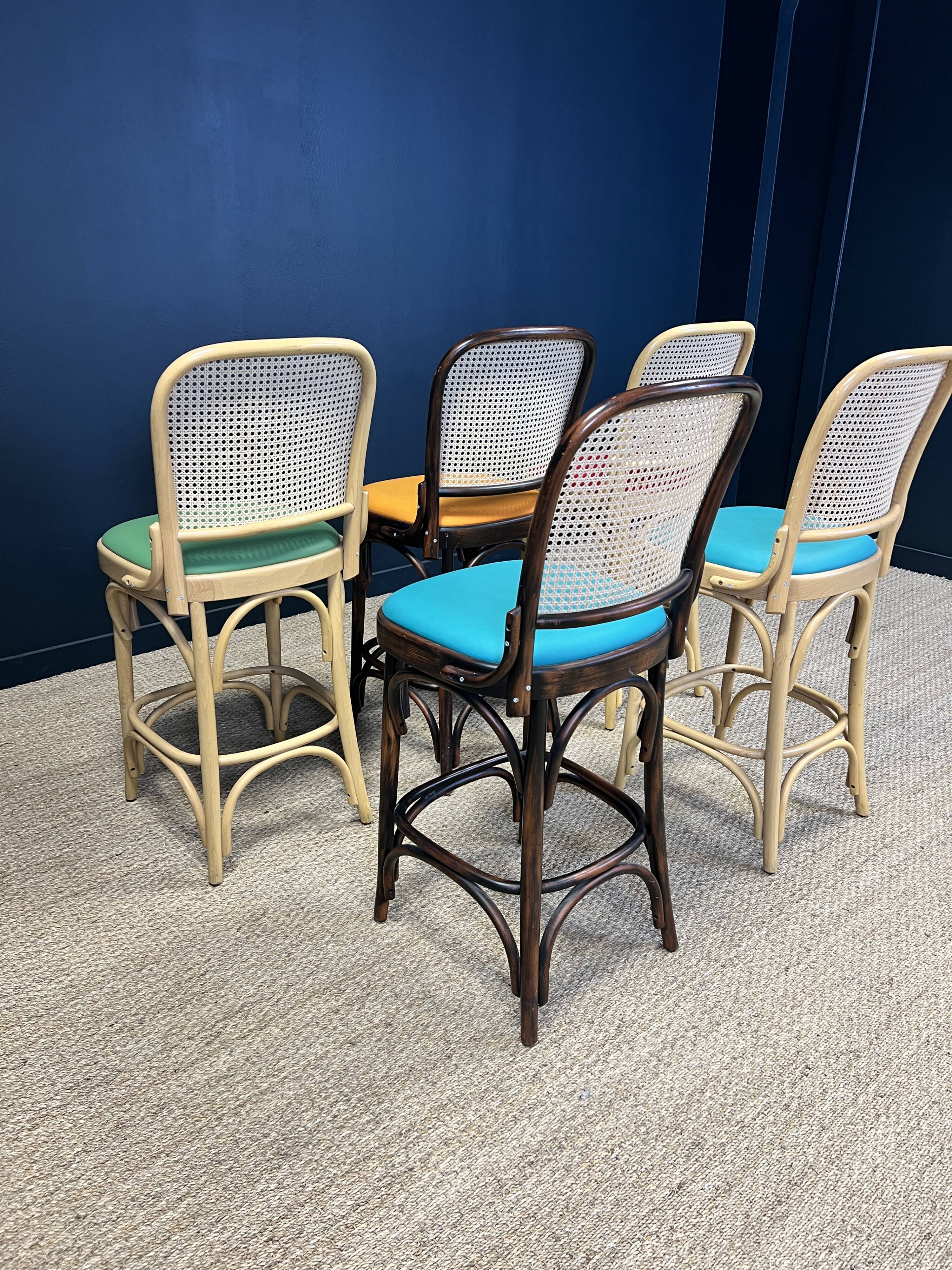 Set of 5 high chairs in light wood and dark wood with canework
